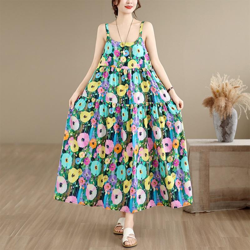Sleeveless Strap Cotton Vintage Floral New In Dresses For Women Casual Long Summer Dress Elegant Clothing