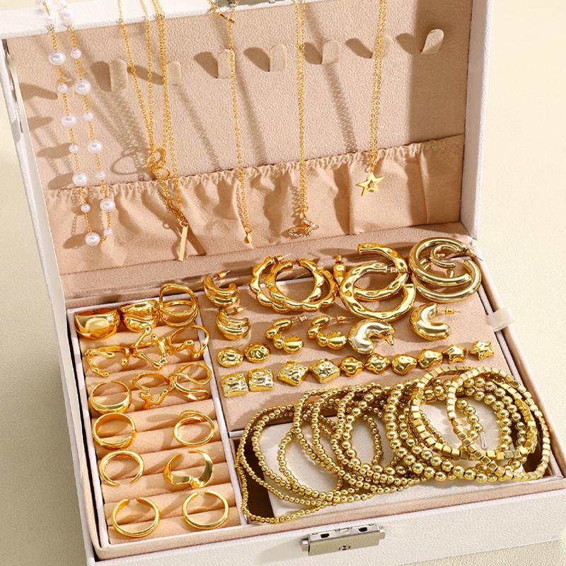 Elegant Vintage Jewelry Set for Women Gold Color Necklaces Earrings Irregular Rings Bead Bracelet Daily Wear Jewelry Gift No Box