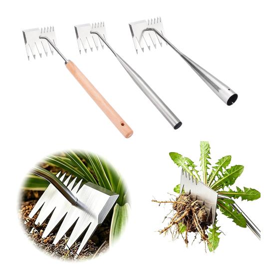 Stainless Steel Weed Remover Tool Six-Tooth Double Head Garden Weeding Tool Manual Weeder with Cutting Blade Serrated Edge for Precision Weeding