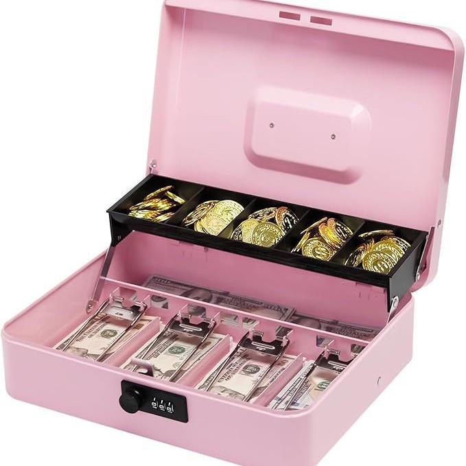 Child's Key-Operated Metal Money Box Safe with Bill Clip and Storage 
