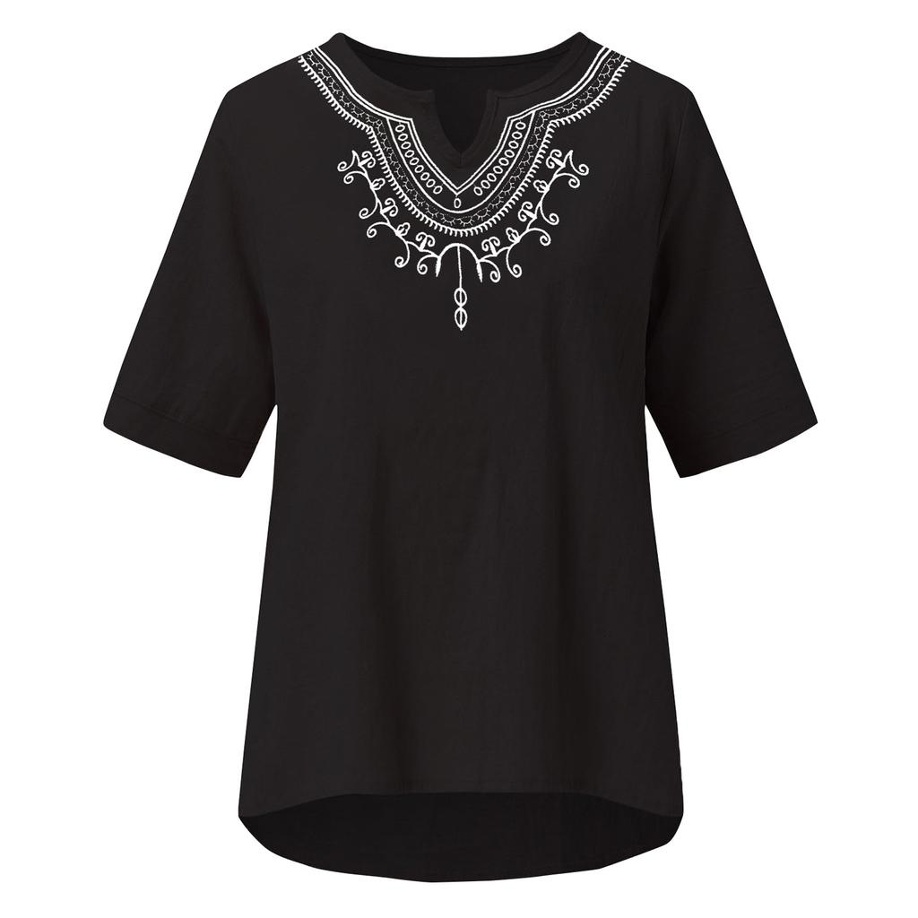 Cotton And Linen Embroidered Shirt V-Neck Color Women's Artistic Loose Fitting Short Sleeved Summer