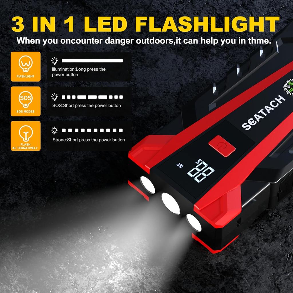 3000A Car Battery Jump Starter 12V Portable Jump Box with Flashlight & Jumper Cable