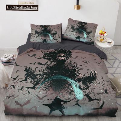 3D Horror Totenkopf Dämon Bettbezug Set Skelett Gothic Monster Bettwäsche Set Schwarz Bettdeckenbezug für Jungen, Full/Queen Größe 2/3-teilig