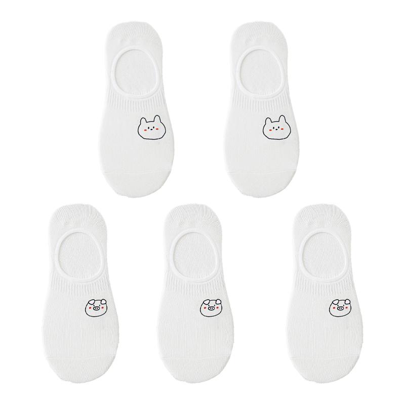 5 Pairs/lot White Cartoon Boat Socks for Women Cute Sketch Thin Summer Shallow Socks Silicone Non-Slip Invisible Crew Socks