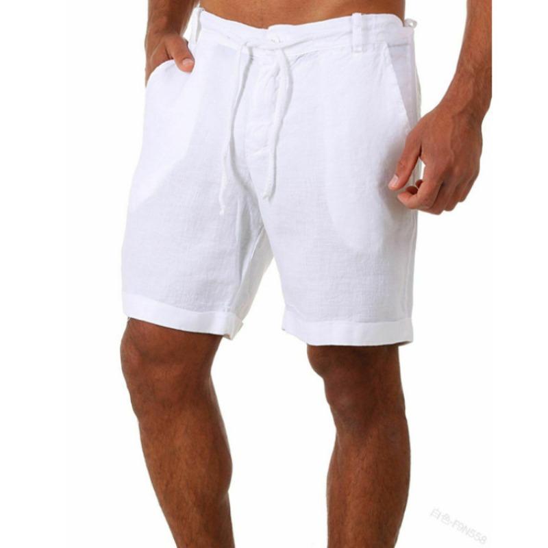 Mens Linen Cotton Drawstring Waist Rolled Hem Casual Shorts S