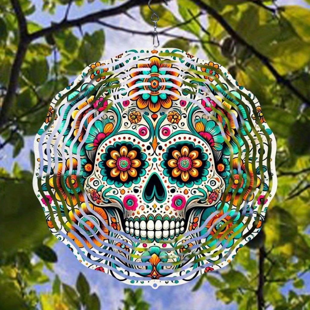 Wind Spinner 2D Metal Garden Patio Decoration Kaleidoscope Skull Design Outdoor Hanging Ornament for Thanksgiving Christmas Holiday Decor