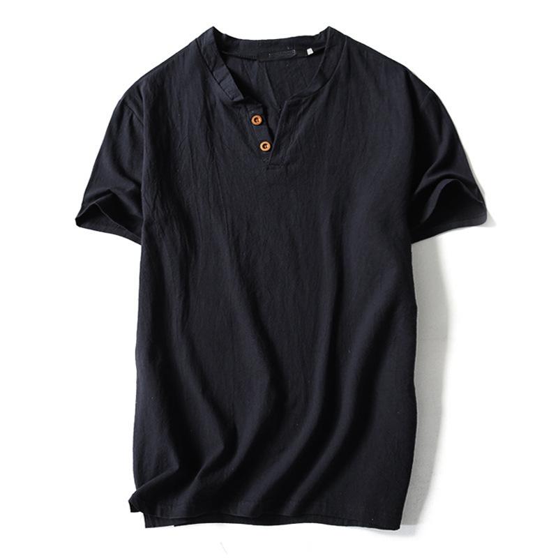Men's Plus Size Summer Cotton-Linen V-Neck Loose Fit Short Sleeve T-Shirt