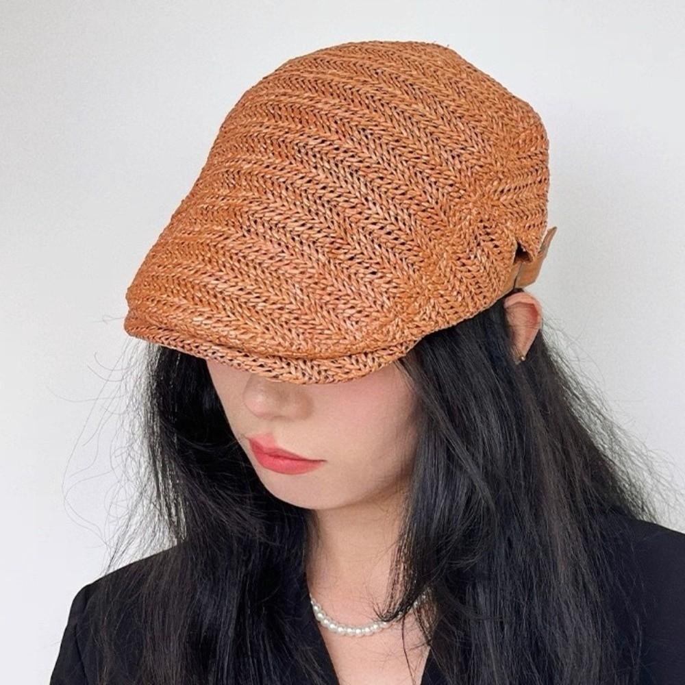 Hollow Straw Beret Vacation Painter Beret Japanese Style Straw Newsboy Cap  Spring Summer