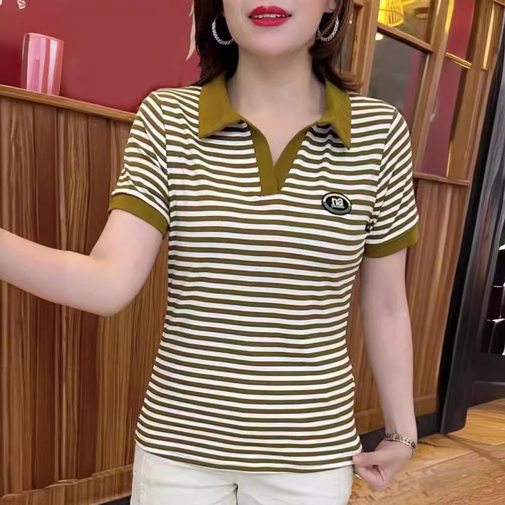 

Summer 2025 New Temperament Age Reduction Striped T-Shirt Women s Loose Large Size POLO Neck Short Sleeve Top 4XL імбирний