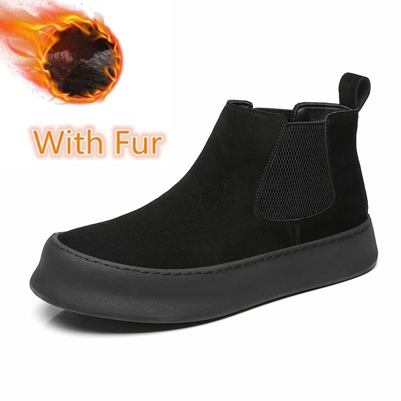 British Style Men Chelsea Boots Casual Leather Ankle Boots Pure Color High Top Shoes Versatile Winter Shoe Warm Plush Snow Botas