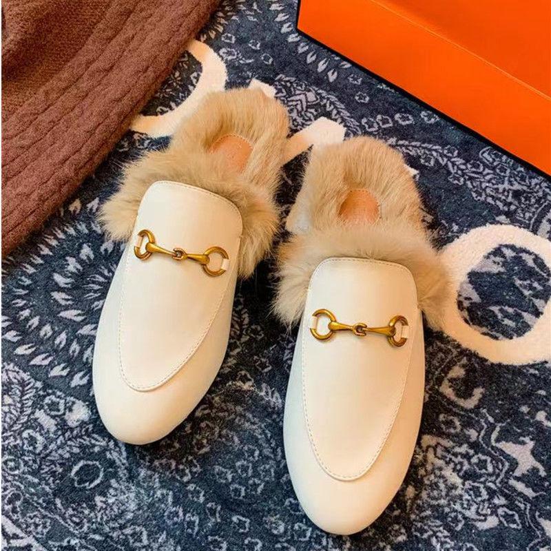 2025 Women's Genuine Leather Furry Half-Slippers with Horsebit Strap - Warm Autumn/Winter Shoes