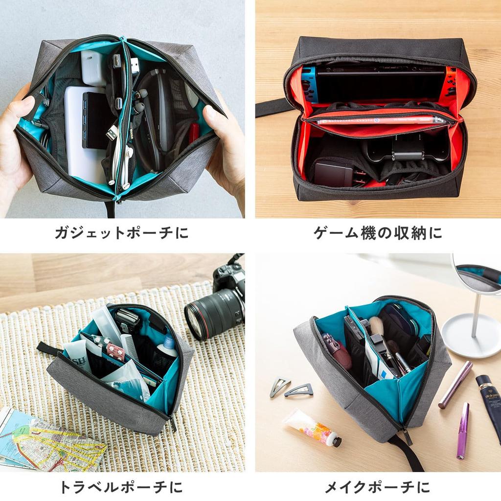 Sanwa Direct Gadget Large Freestanding Travel Pouch, Capacity, Double-Size, Accordion-Style, Pouch, Black, 200-BAGIN034BK