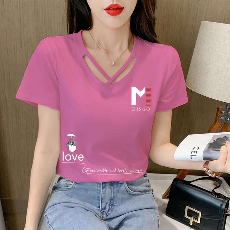 2025 Women's Korean Style V-Neck Short-Sleeve Solid Color T-Shirt