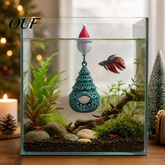 Fish Tank Christmas Tree Ornament Aquarium Floating Hideout Ornament, Shrimp Cave Shelter with for Freshwater Tanks Santa Hat Float, Hiding