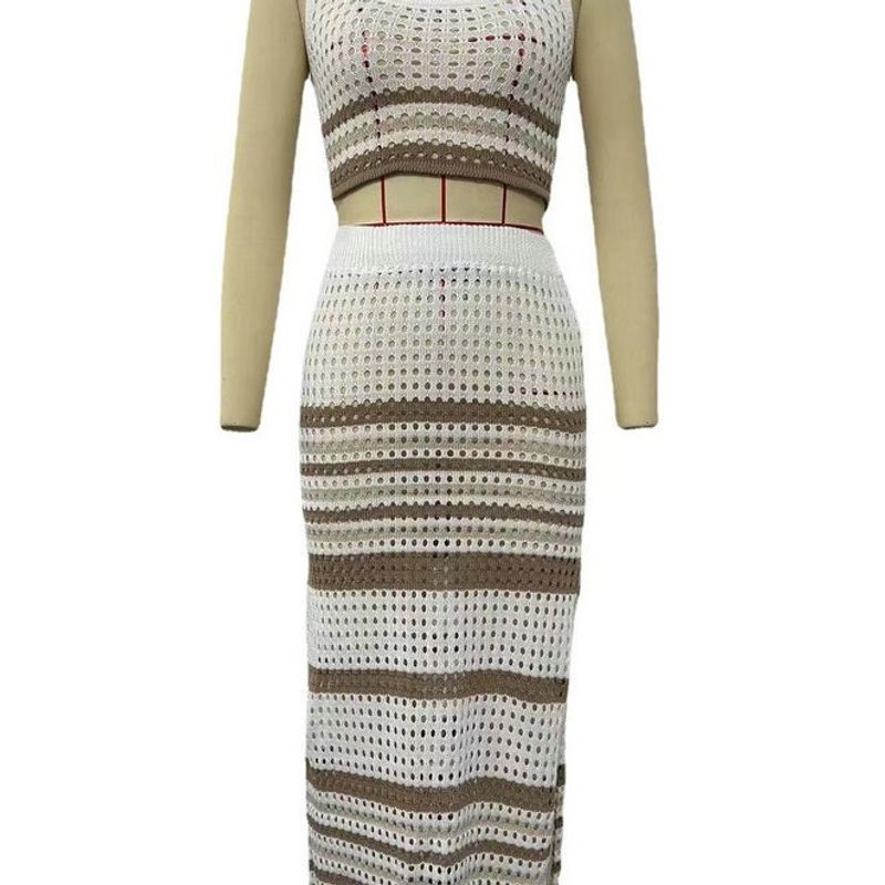 

Стильный экспорт Европейская и американская женская одежда Лето Новинка Безрукавка Сексуальный разрез Полосатая юбка Вязаный костюм Khaki XXXL