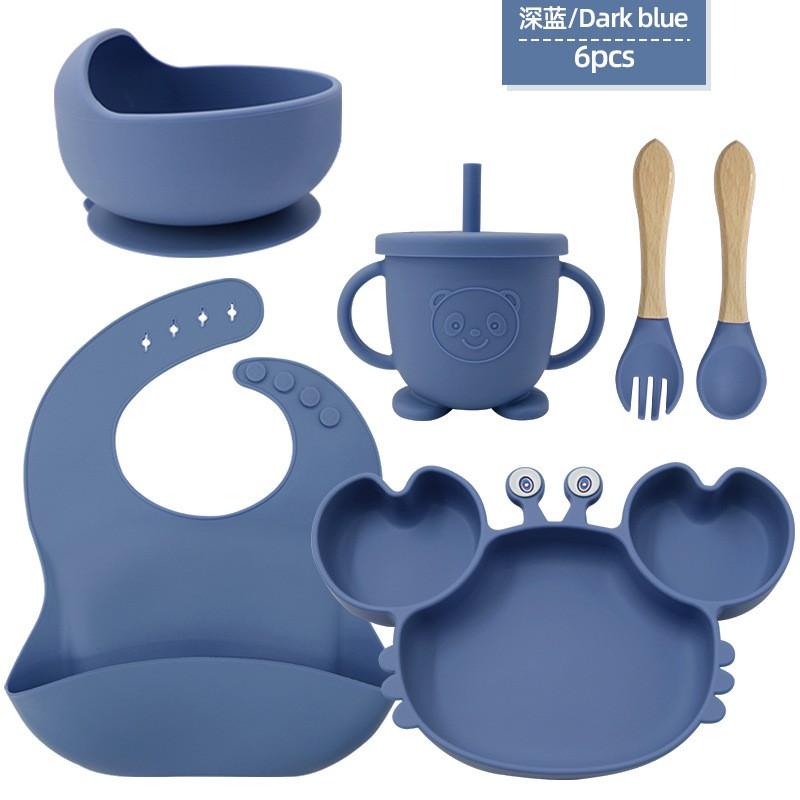 Silicone Dinner Plate Set Baby Children Learning To And Drink Feeding Tableware Baby 6pcs  Crab Compartment Food Bowl