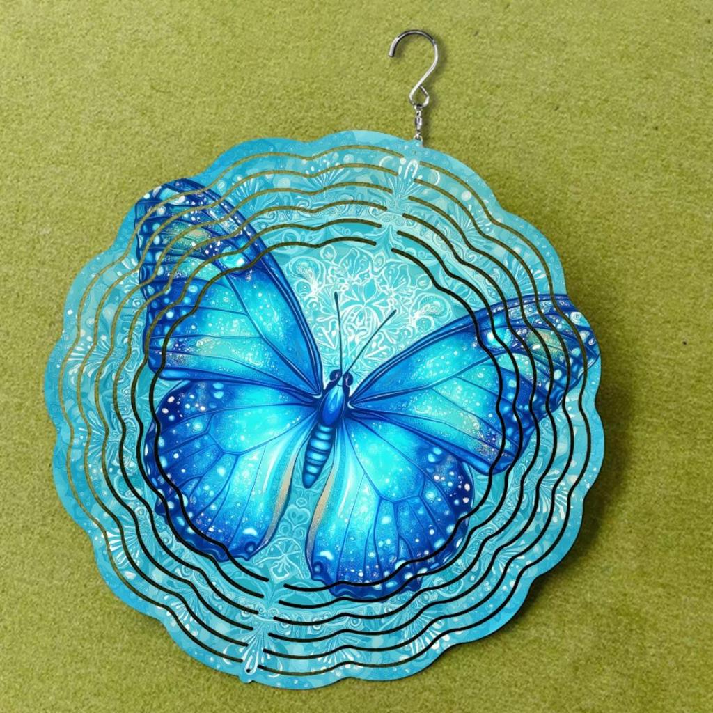 10 Inch Metal Wind Chime with 360 Degree Rotating Blue Butterflies for Patio Balcony Garden Decoration No Electricity Needed