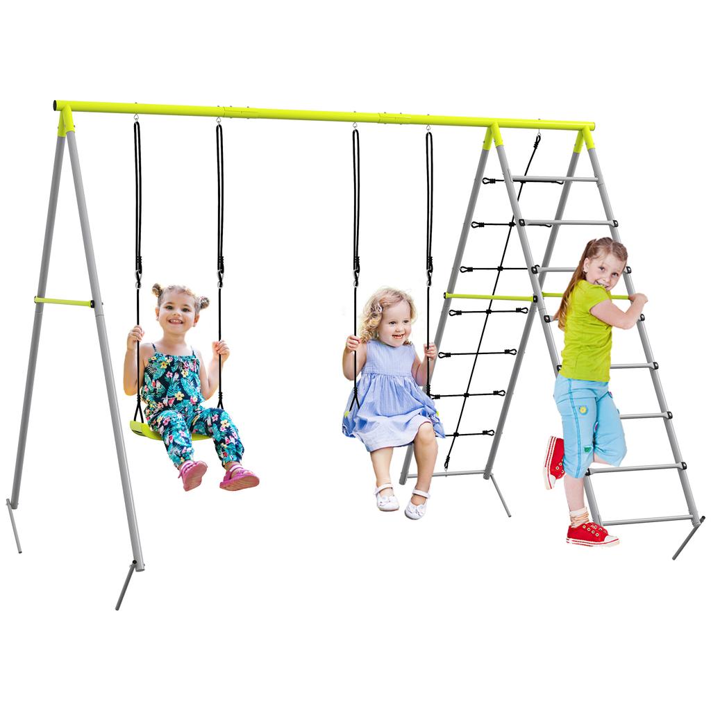 Four-In-One Metal Garden Swing Set, with Two Swings, Climber, Climbing Net - Green
