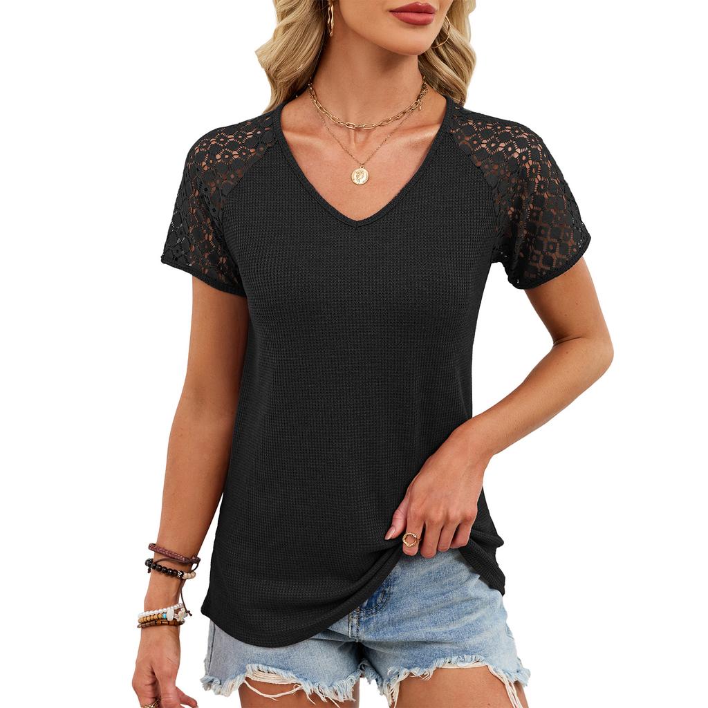 Women's Fashion Color V Neck Lace Lace Loose Short Sleeve T,shirt Top