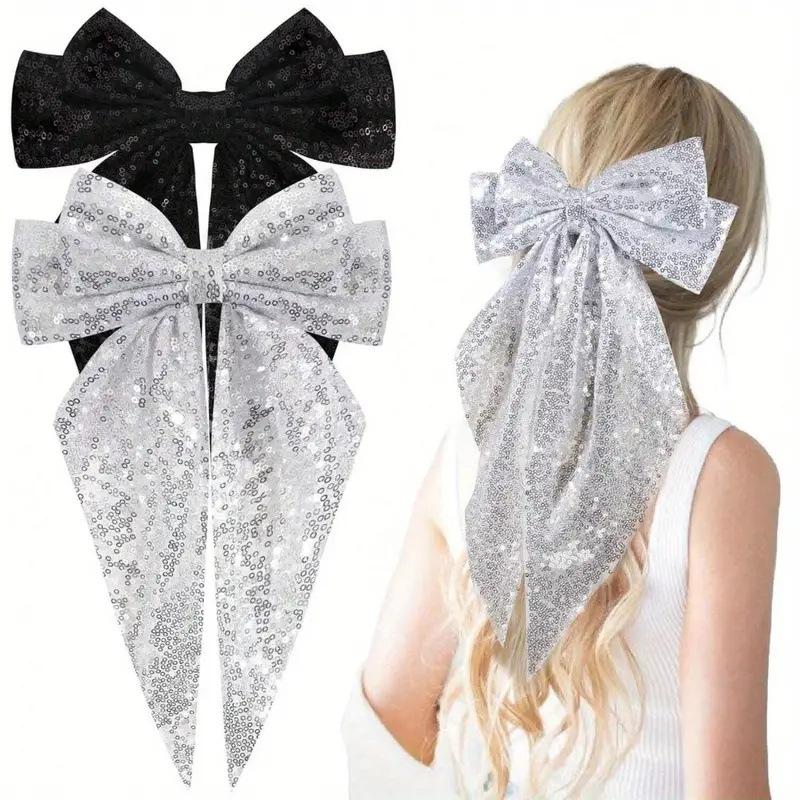 Fashionable Sequined Bow Spring Clip Mesh Ribbon Hair Clip Elegant Christmas and New Year Party Hair Accessory
