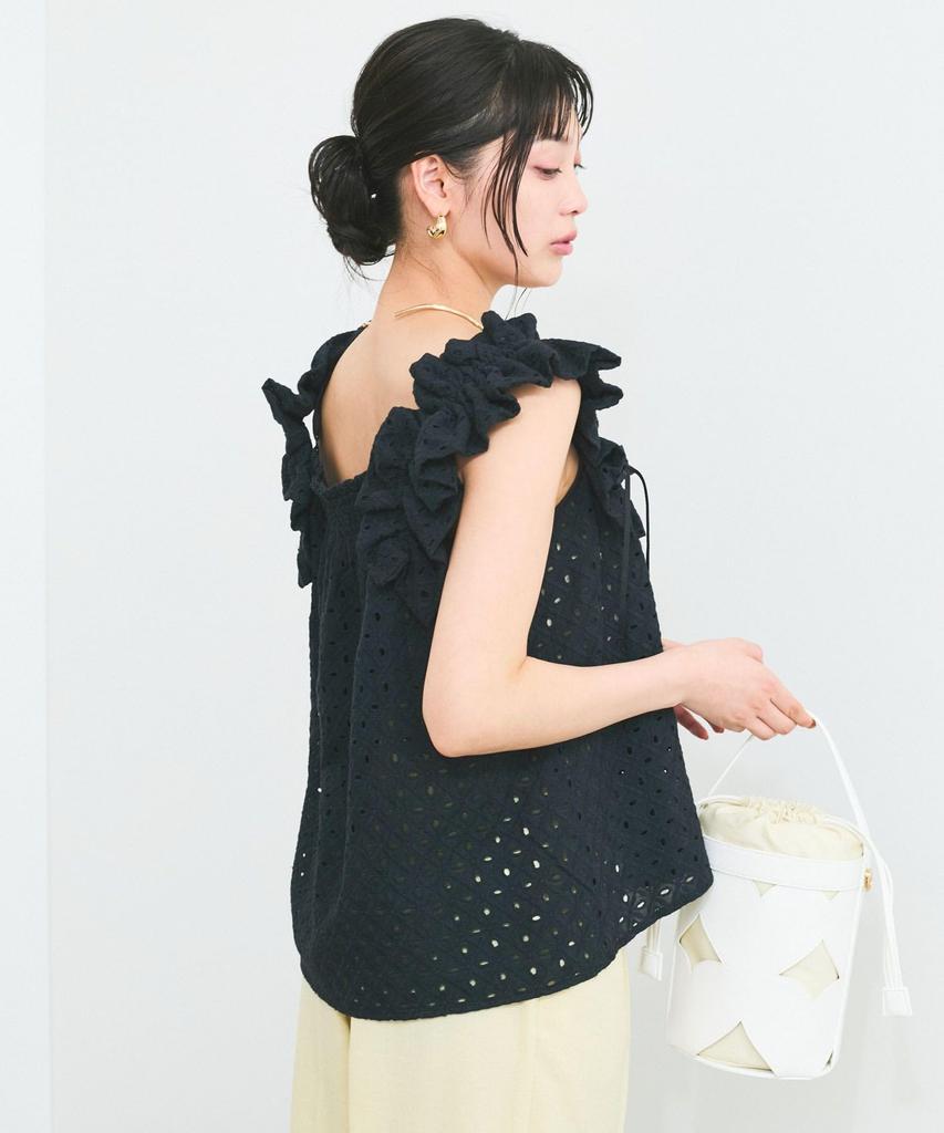 Embroidered Lace Shoulder Black [BIS] 2-Way Blouse, Women's, (01)