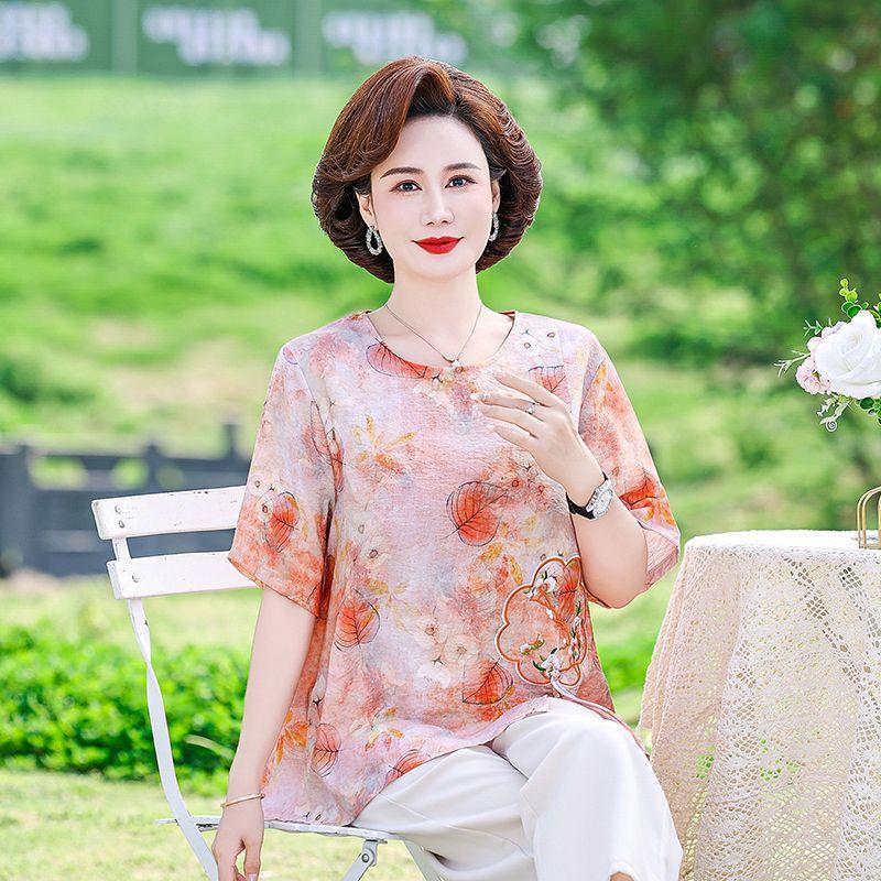 Women's New Style Spliced Printed Fashionable Chiffon Loose Mid-sleeved Casual Top