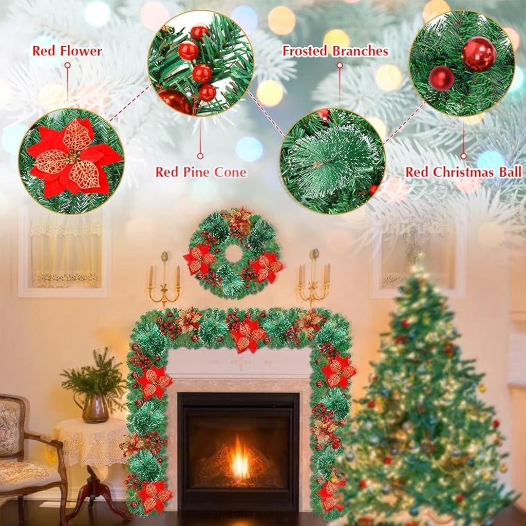 Christmas Garland with Red Flower, Balls, Berries, Snowy Pine Artificial Garland for Indoor Outdoor Home Fireplace Decoration