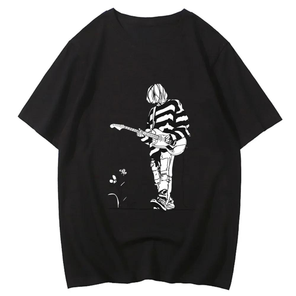 Rock Musc Band Nnirvana T-shirts A Longly MEN Play The Guitar Flower Tshirts Grunge Harajuku T Shirts Cotton Tees Aesthetic