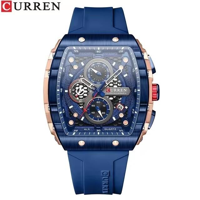 Curren 8442 Luxury Bussiness Chronograph Men's Tonneau Watches Silicone Band Casual Wristwatch Big Dial Quartz Clock