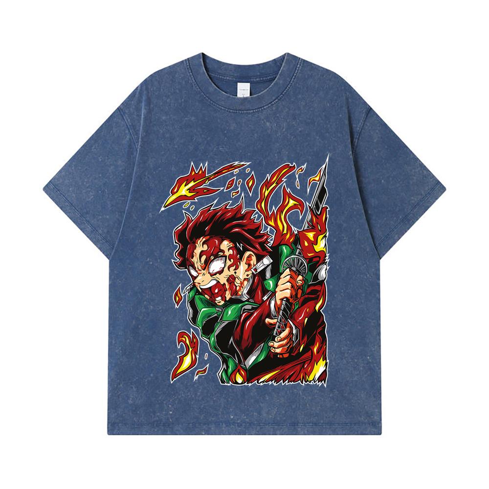 275 GSM Washed T-shirts 100% Cotton Demon Slayer V101 Tanjiro Print Unisex Heavy Cotton T Shirt