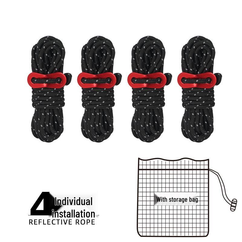 Reflective 4mm Guy Rope Set with Adjustment Buckles - 4-Piece Windproof Camping Tarp and Tent Support. 3.5-4m чёрный