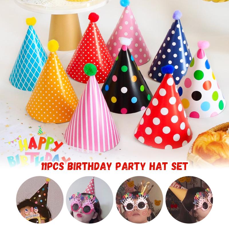 11Pcs/Set Children's Birthday Party Trumpet Birthday Hat Polka Dot Velvet Ball Anniversary Party Hat Decor Baby's Photo Prop
