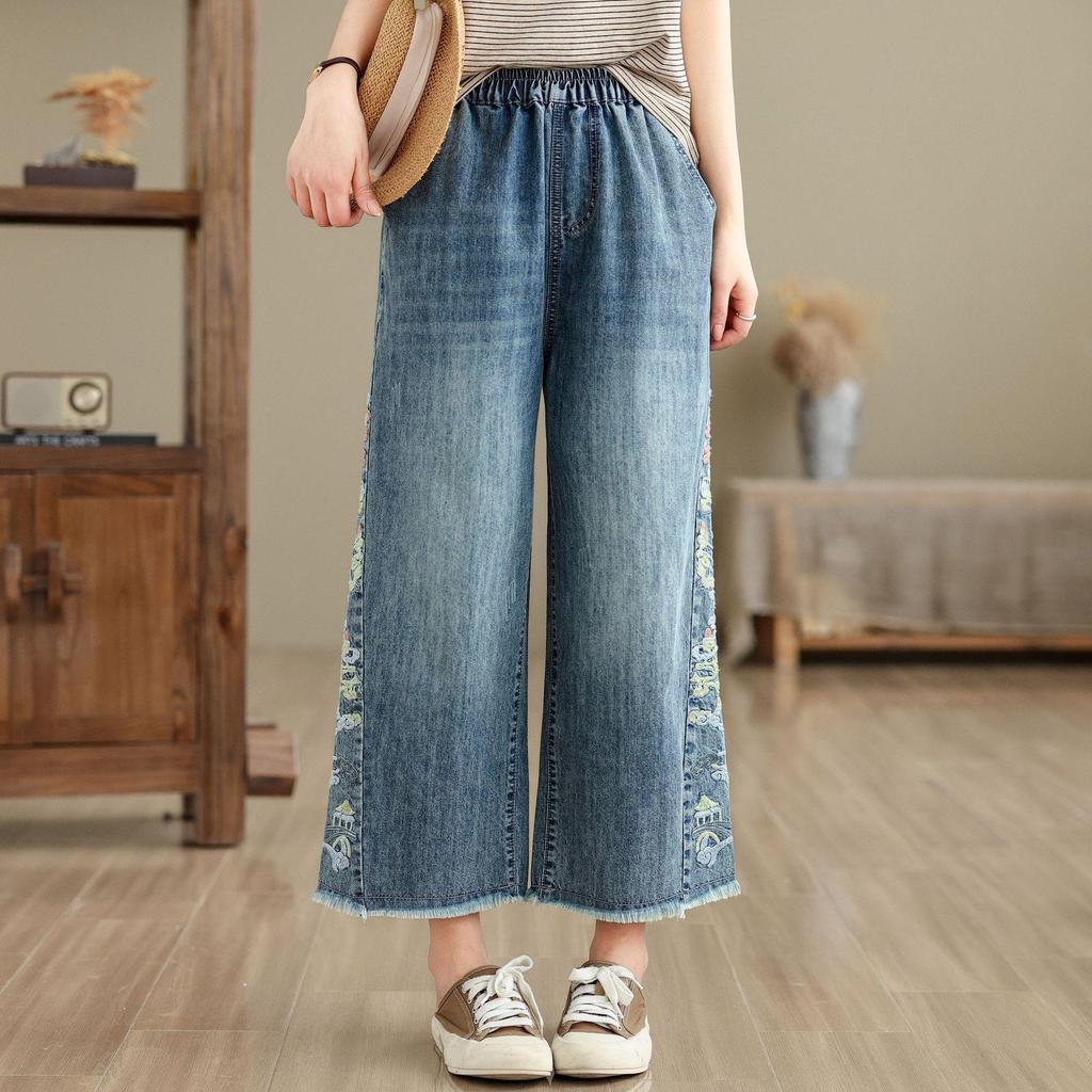 Women's High-Waist Wide-Leg Embroidered Jeans - Loose Fit, Raw Edge, Nine-Point Cotton, Plus Size, Casual Spring/Summer Pants