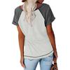 Loose Women's Short Sleeve V-Neck Color Block Casual T-shirt Button Decor Top