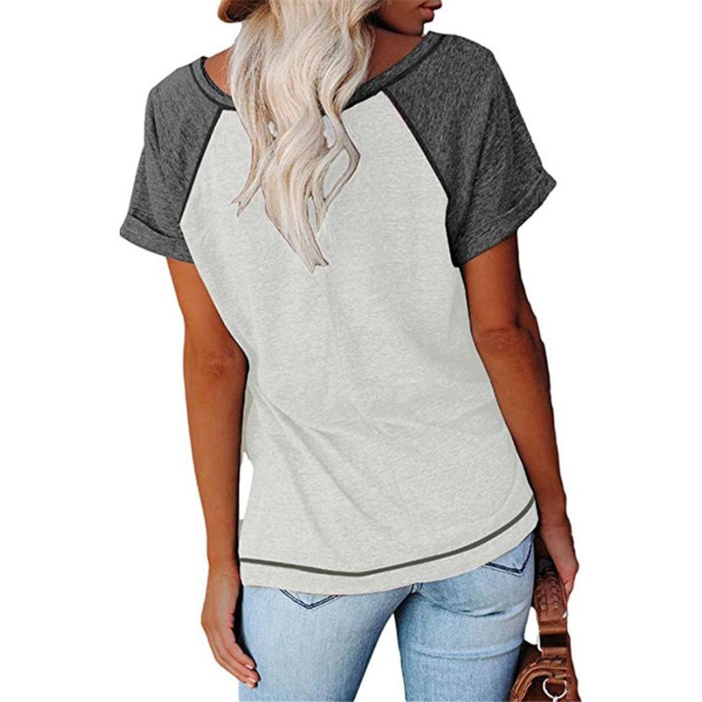 Loose Women's Short Sleeve V-Neck Color Block Casual T-shirt Button Decor Top