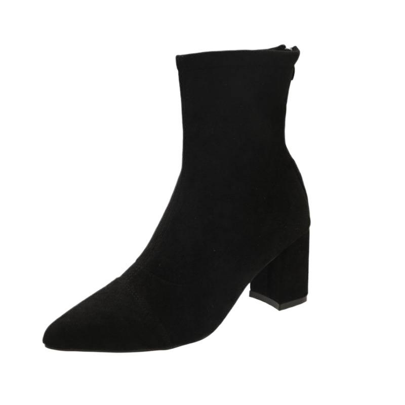 Short Boots Women's High Heels Autumn and Winter New Suede Rear Zipper French Easy To Wear Small Ankle Boots Thick Heel Elastic Square Head Thin Boots