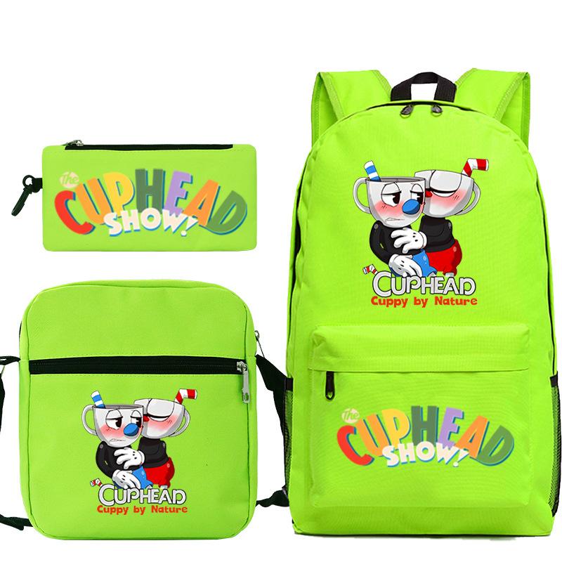 Cartoon Teacup Head Cuphead Student School Bag Backpack Three-piece Set Children's Shoulder Bag Pencil Bag