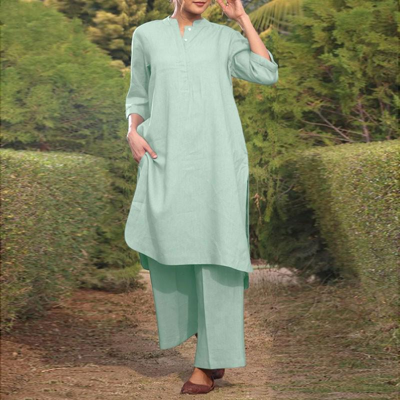 

Женская спортивная одежда больших размеров весна/лето 2025 г.: Комплект из хлопкового и льняного топа с V-образным вырезом, рукавом 3/4 и широких брюк. L зелёный/изумрудный