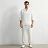 Mens Chinese Style Loose Cotton Linen Two Piece Set V Neck T Shirt Long Pants