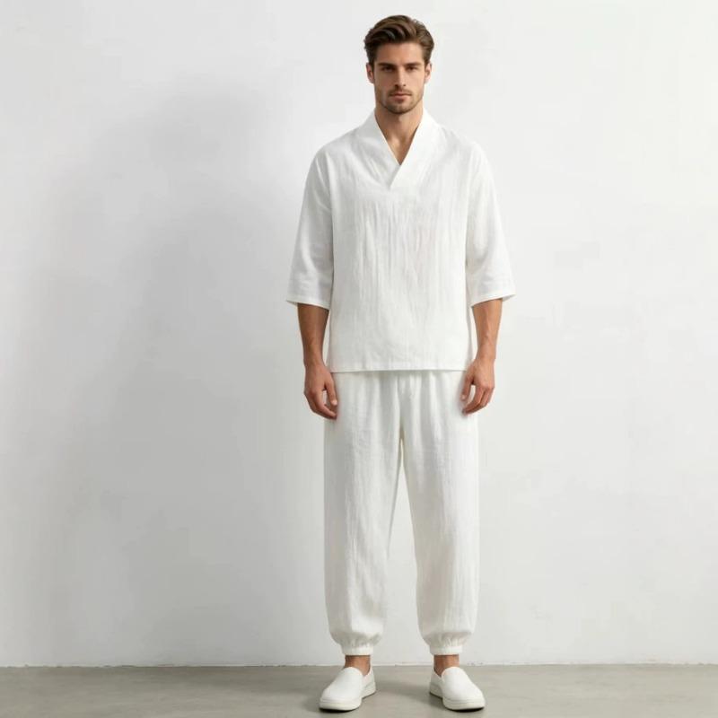 Mens Chinese Style Loose Cotton Linen Two Piece Set V Neck T Shirt Long Pants