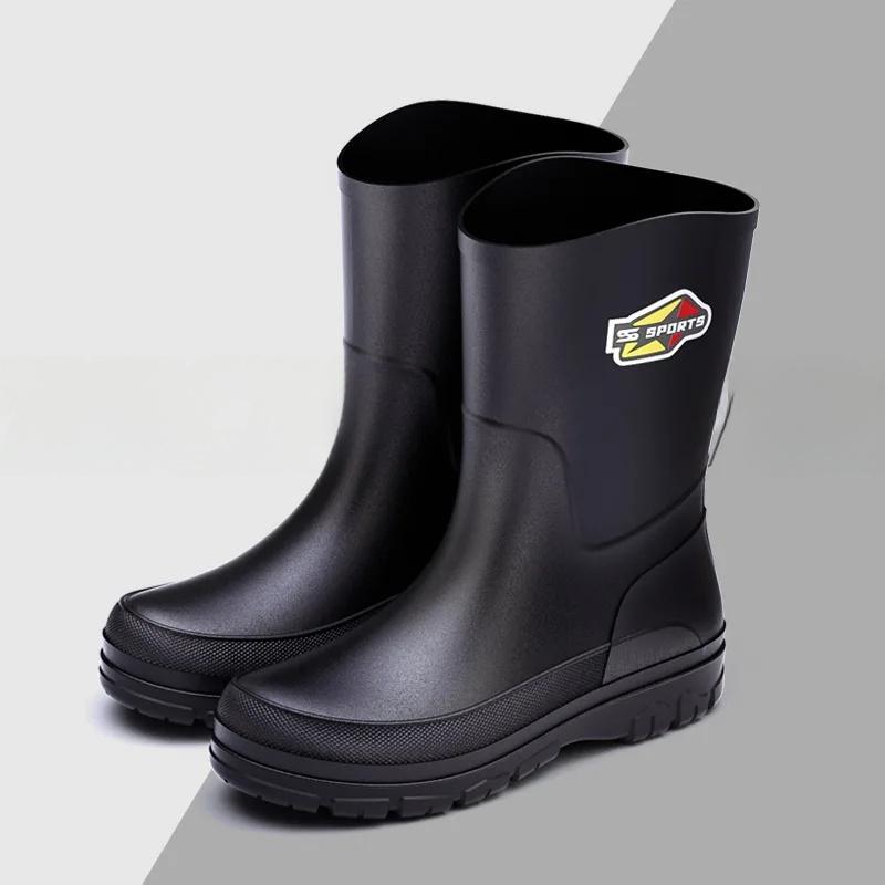 Men's Mid-Calf Rain Boots Pure Black Fishing Boots Slip-Resistant Large Size 39-48 Waterproof Rubber Shoes Eco-Friendly