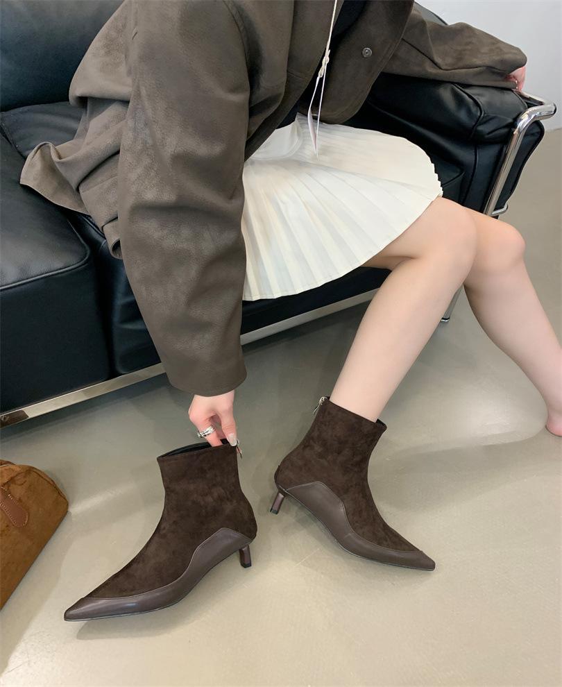 Suede splicing pointed flat bottom short boots versatile elastic soft sole fashion thin boots women's shoes
