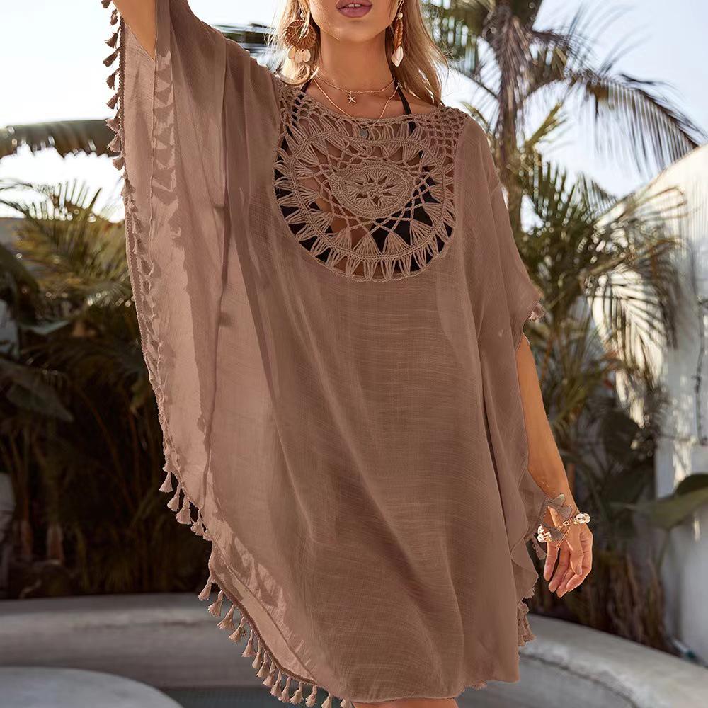 2021 Plus Size Off-Shoulder Tassel Cutout Beach Cover-up