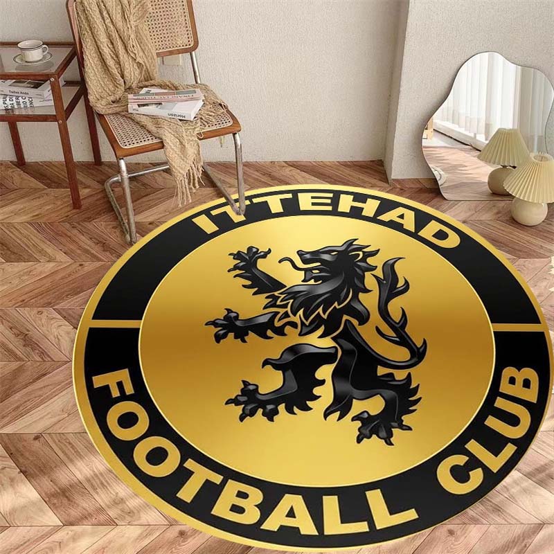 Ittehad FC Golden Background Black Lion Crest Circular Area Rug Football Club Round Floor Carpet Sports Fan Living Room Bedroom Home Decor Mat