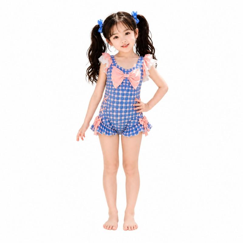 Girls One-Piece Swimsuit With Ruffled Sleeve Bow Tie Side Ties Blue Pink Plaid Ages 2-12