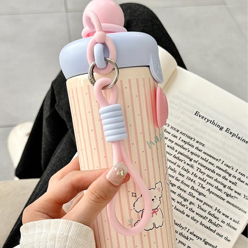 Cute Cat Thermal Water Bottle With Straw Bow Sticker Stainless Steel Thermos For Hot Cold Water Coffee Tea Thermal Cup 600ml