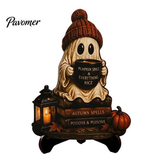 Fall Fireplace Decorations Halloween Reading Ghost Figurine, Wooden Desktop Ornaments, Vintage Spooky Shelf Accents Statue with Stand for Home