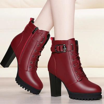 Herbst Winter Rote Lederstiefel Modische Hohe Absätze Damen Kurze Stiefel Plateau Bequem Warm Plüsch Damenstiefel