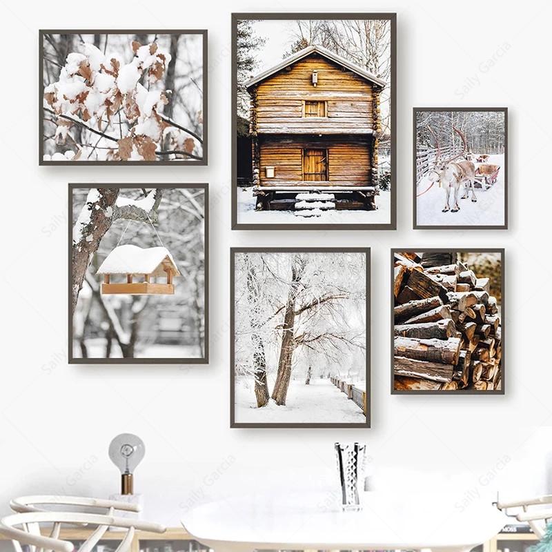 Pictură pe pânză cu peisaj de zăpadă de iarnă Postere și imprimeuri cu reni din lemn de mesteacăn alb Poze de artă de perete pentru camera de zi