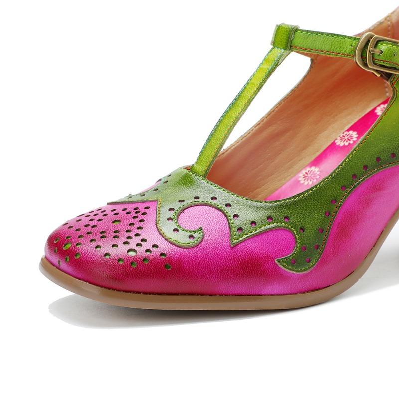 Spring and summer new products women's handmade leather polished retro Mary Jane contrasting color fashion high heels